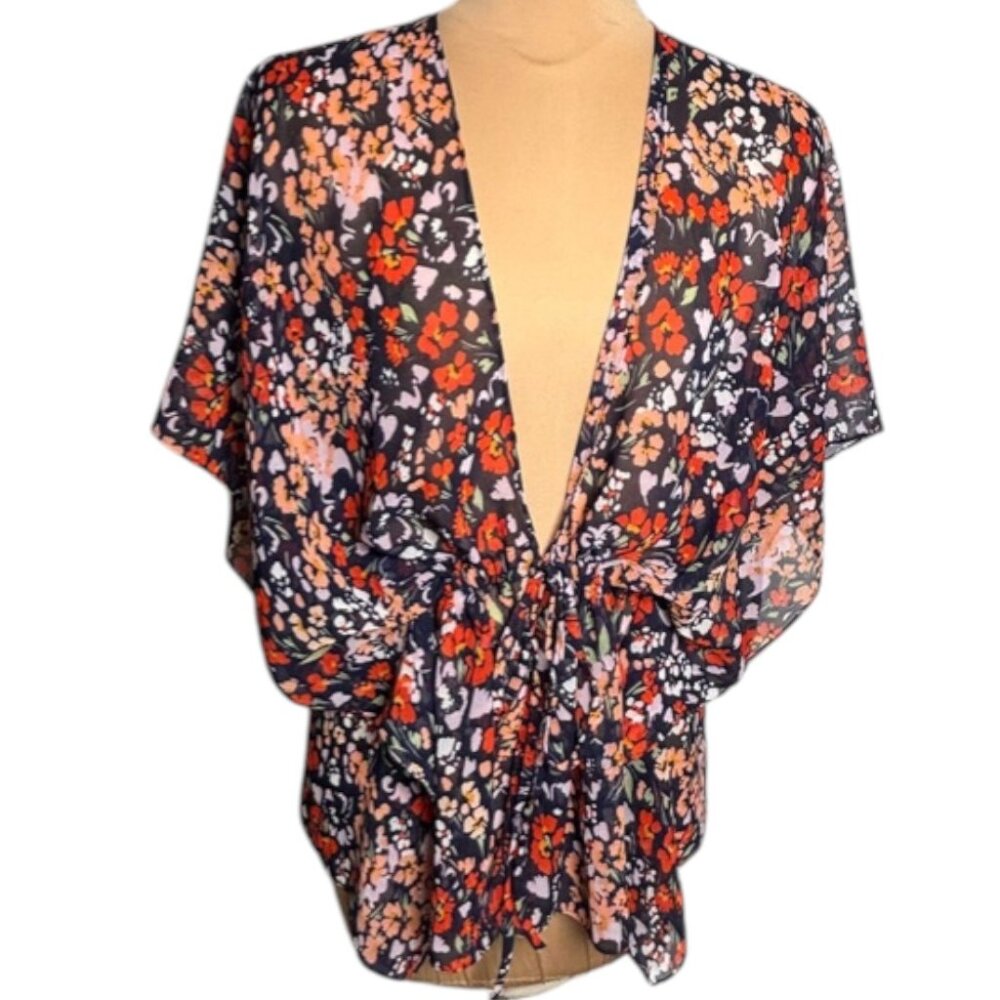 Ann Taylor Factory Floral Tie Front Kimono Blouse Boho Lightweight XS